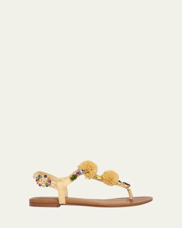 Raffia Pom Pom Gem Thong Sandals